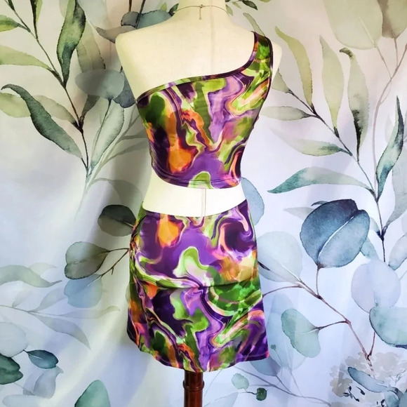 SHEIN | Allover Print One Shoulder Crop Top & Split Twist Side Skirt sz XS - Picture 6 of 11